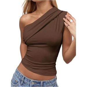 imageMilumia Womens One Shoulder Ruched Tank Top Sleeveless Going Out Tops Clubbing PartyBrown