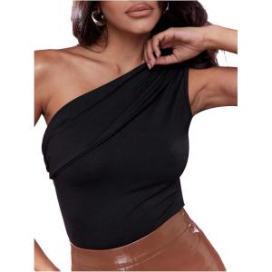 imageMilumia Womens One Shoulder Ruched Tank Top Sleeveless Going Out Tops Clubbing PartyDark Black
