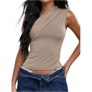 imageMilumia Womens One Shoulder Ruched Tank Top Sleeveless Going Out Tops Clubbing PartyLight Grey