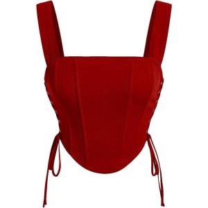 imageMilumia Womens Square Neck Wide Straps Bustier Tank Top Tie Side Corset Tank Tops Red Large