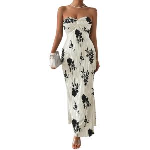imageMilumia Womens Twist Front Strapless Bodycon Dress Summer Split Thigh Maxi Tube Dresses Vacation OutfitsApricot and Black