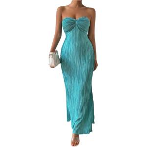 imageMilumia Womens Twist Front Strapless Bodycon Dress Summer Split Thigh Maxi Tube Dresses Vacation OutfitsCadet Blue