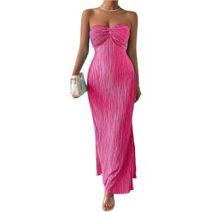 imageMilumia Womens Twist Front Strapless Bodycon Dress Summer Split Thigh Maxi Tube Dresses Vacation OutfitsHot Pink