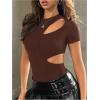 imageMilumia Womens Crew Neck Short Sleeve Cut Out Bodysuit T Shirt Leotard TopsBrown