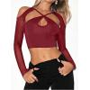 imageMilumia Womens Cut Out Cold Shoulder Long Sleeve Mesh Crop Top Y2k Party Rave Tee ShirtsBurgundy