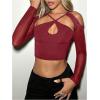 imageMilumia Womens Cut Out Cold Shoulder Long Sleeve Mesh Crop Top Y2k Party Rave Tee ShirtsBurgundy