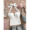 imageMilumia Womens Halter Top Ribbed Backless Ring Decor Knit Summer Going Out Tube TopsWhite