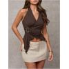 imageMilumia Womens Sexy V Neck Halter Top Y2k Asymmetrical Hem Tie Backless Going Out Tank TopsBrown