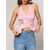 imageMilumia Womens Sexy V Neck Halter Top Y2k Asymmetrical Hem Tie Backless Going Out Tank TopsCoral Pink