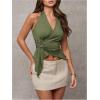 imageMilumia Womens Sexy V Neck Halter Top Y2k Asymmetrical Hem Tie Backless Going Out Tank TopsGreen