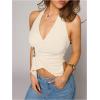 imageMilumia Womens Sexy V Neck Halter Top Y2k Asymmetrical Hem Tie Backless Going Out Tank TopsLight Apricot