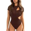 imageMilumia Womens Crew Neck Short Sleeve Cut Out Bodysuit T Shirt Leotard TopsBrown