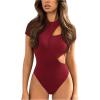 imageMilumia Womens Crew Neck Short Sleeve Cut Out Bodysuit T Shirt Leotard TopsBurgundy