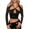 imageMilumia Womens Cut Out Cold Shoulder Long Sleeve Mesh Crop Top Y2k Party Rave Tee ShirtsBlack