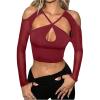 imageMilumia Womens Cut Out Cold Shoulder Long Sleeve Mesh Crop Top Y2k Party Rave Tee ShirtsBurgundy