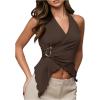 imageMilumia Womens Sexy V Neck Halter Top Y2k Asymmetrical Hem Tie Backless Going Out Tank TopsBrown