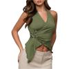 imageMilumia Womens Sexy V Neck Halter Top Y2k Asymmetrical Hem Tie Backless Going Out Tank TopsGreen