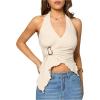 imageMilumia Womens Sexy V Neck Halter Top Y2k Asymmetrical Hem Tie Backless Going Out Tank TopsLight Apricot