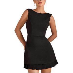 imageMilumia Womens Boat Neck Pleated Mini Dress Open Back Short Party Club Tank DressesBlack