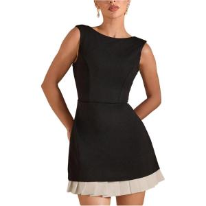 imageMilumia Womens Boat Neck Pleated Mini Dress Open Back Short Party Club Tank DressesBlack and Apricot