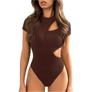 imageMilumia Womens Crew Neck Short Sleeve Cut Out Bodysuit T Shirt Leotard TopsBrown