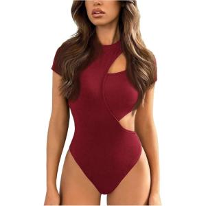 imageMilumia Womens Crew Neck Short Sleeve Cut Out Bodysuit T Shirt Leotard TopsBurgundy