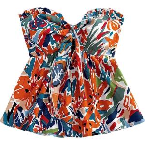 imageMilumia Womens Floral Plants Print Tie Front Tube Top Ruffle Trim Strapless Peplum TopsMulti Orange
