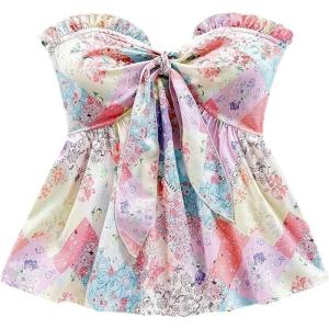 imageMilumia Womens Floral Plants Print Tie Front Tube Top Ruffle Trim Strapless Peplum TopsMulti Purple
