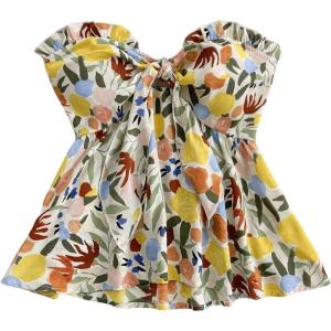 imageMilumia Womens Floral Plants Print Tie Front Tube Top Ruffle Trim Strapless Peplum TopsMulticolor
