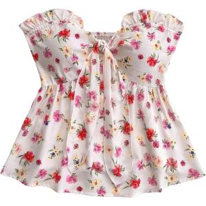 imageMilumia Womens Floral Plants Print Tie Front Tube Top Ruffle Trim Strapless Peplum TopsPink and Red