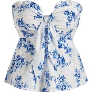 imageMilumia Womens Floral Plants Print Tie Front Tube Top Ruffle Trim Strapless Peplum TopsWhite and Blue