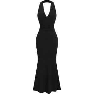 imageMilumia Womens Halter Neck Bodycon Maxi Dress Elegant Fishtail Long DressesBlack