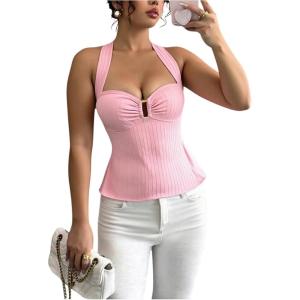 imageMilumia Womens Halter Top Ribbed Backless Ring Decor Knit Summer Going Out Tube TopsLight Pink
