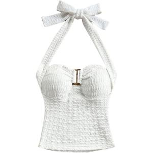 imageMilumia Womens Halter Top Ribbed Backless Ring Decor Knit Summer Going Out Tube TopsWhite