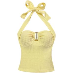 imageMilumia Womens Halter Top Ribbed Backless Ring Decor Knit Summer Going Out Tube TopsYellow