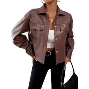 imageMilumia Womens Pu Leather Long Sleeve Jacket Button Front Motorcycle CoatsBrown