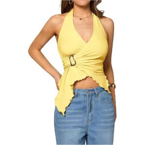 imageMilumia Womens Sexy V Neck Halter Top Y2k Asymmetrical Hem Tie Backless Going Out Tank TopsYellow