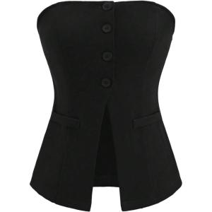 imageMilumia Womens Sleeveless Bandeau Button Front Strapless Blazer Top Split Hem Tube Top Blazer VestBlack
