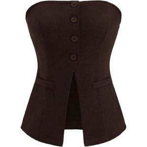 imageMilumia Womens Sleeveless Bandeau Button Front Strapless Blazer Top Split Hem Tube Top Blazer VestBrown