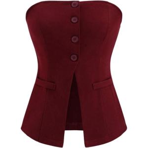 imageMilumia Womens Sleeveless Bandeau Button Front Strapless Blazer Top Split Hem Tube Top Blazer VestBurgundy