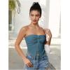 imageMilumia Women Strapless Twist Front Textured Lettuce Trim Slit Hem Crop Tube TopBlue