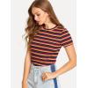 imageMilumia Womens Casual Multi Striped Ribbed Short Sleeve Solid Tee Knit TopMulticolor Red