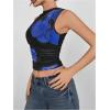imageMilumia Womens Mock Neck Floral Mesh Top Y2k Sleeveless Ruched Tank Tops Going OutBlack Dark Blue