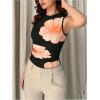 imageMilumia Womens Mock Neck Floral Mesh Top Y2k Sleeveless Ruched Tank Tops Going OutBlack and Orange