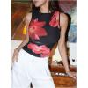 imageMilumia Womens Mock Neck Floral Mesh Top Y2k Sleeveless Ruched Tank Tops Going OutBlack and Red