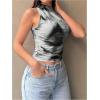 imageMilumia Womens Mock Neck Floral Mesh Top Y2k Sleeveless Ruched Tank Tops Going OutGrey and Black