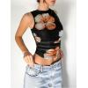 imageMilumia Womens Mock Neck Floral Mesh Top Y2k Sleeveless Ruched Tank Tops Going OutOrange Multi