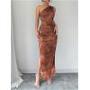 imageMilumia Womens Printed One Shoulder Bodycon Dresses Sleeveless Asymmetrical Neck Ruched Slit Maxi DressBrown
