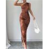 imageMilumia Womens Printed One Shoulder Bodycon Dresses Sleeveless Asymmetrical Neck Ruched Slit Maxi DressBrown