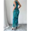 imageMilumia Womens Printed One Shoulder Bodycon Dresses Sleeveless Asymmetrical Neck Ruched Slit Maxi DressGreen